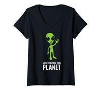 Womens Alien Ufo Just Visiting This Planet V-Neck T-Shirt