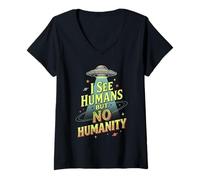 Women's Alien UFO Space No Humanity Extraterrestrial V-Neck T-Shirt