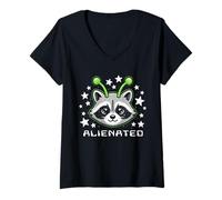 Women's Alienated Cute Raccoon Alien Halftone Space Typography V-Neck T-Shirt