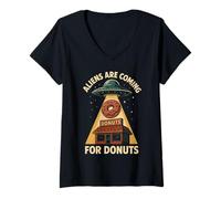 Womens Aliens are Coming for Donuts Funny UFO V-Neck T-Shirt