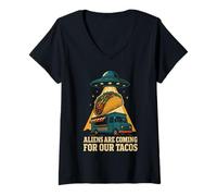 Womens Aliens are Coming for Our Tacos UFO Humor V-Neck T-Shirt