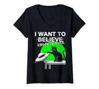Women's Aliens are Real Funny Cat UFO Knock It Over Meme V-Neck T-Shirt