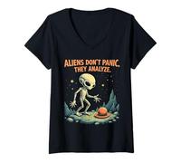 Women's Aliens Don't Panic They Analyze Space Logic Apparel V-Neck T-Shirt