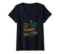 Womens Aliens Fishing in Boat Catching Starry Fish V-Neck T-Shirt