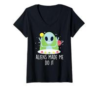 Womens Aliens Made Me Do It Cute Green V-Neck T-Shirt