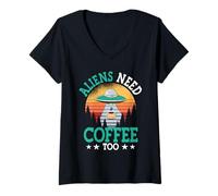 Women's Aliens Need Coffee Too UFO Outer Space Funny Caffeine Lover V-Neck T-Shirt