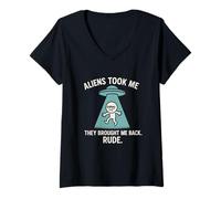 Womens Aliens Took Me Brought Me Back Rude Funny UFO Abduction V-Neck T-Shirt