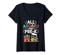Womens All Aboard for Pre-K Train Back to School First Day Boys Fun V-Neck T-Shirt