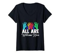 Women's All are Welcome here Pride Inclusion Activism V-Neck T-Shirt