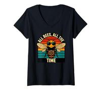 Women's All Bees All The Time Retro Pollinator Sunset Art V-Neck T-Shirt