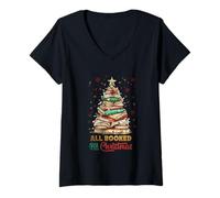 Womens All Booked for Christmas Book Lovers V-Neck T-Shirt