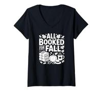 Women's All Booked for Fall Books Coffee Fall Leaves Pumpkins Autumn V-Neck T-Shirt