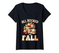 Womens All Booked for Fall Reading Book Lovers Autumn Teacher V-Neck T-Shirt