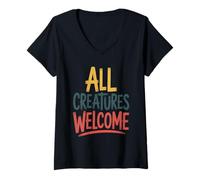 Womens All Creatures Welcome Positive Message Motivation V-Neck T-Shirt