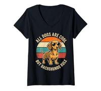 Women's All Dogs are Cool But Dachshunds Rule Retro Sunset V-Neck T-Shirt