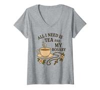 Women's All I Need is Tea and My Rosary - Catholic Prayer V-Neck T-Shirt