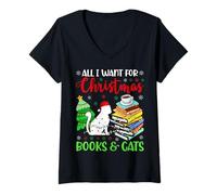 Womens All I Want for Christmas is Books & Cats Cute Cozy Holiday V-Neck T-Shirt