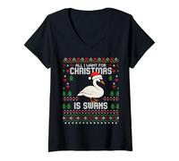 Womens All I Want for Christmas is Swans Ugly Xmas Sweater Swan V-Neck T-Shirt