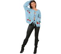 Womens All Over Cherry Print Knot Tie Front Knitted Cardigan Ladies Long Sleeve Oversized Cardigan Casual Warm Sweater Sky Blue