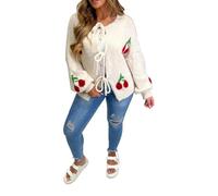 Womens All Over Cherry Print Knot Tie Front Knitted Cardigan Ladies Long Sleeve Oversized Cardigan Casual Warm Sweater Cream