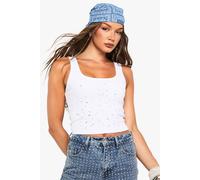 Womens All Over Diamante Premium Rib Vest Top - White - 14, White