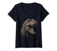 Women's Allosaurus Face Dinosaur Wildlife Nature Dino Allosaurus V-Neck T-Shirt