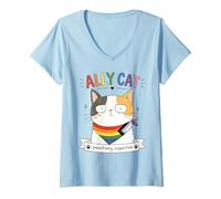 Women's Ally Cat Pawsitively Support LGBTQ Rainbow Pride Month V-Neck T-Shirt