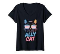Womens Ally Cat Transgender Pride Feline Support LGBTQ Humorous V-Neck T-Shirt