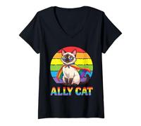 Women's Ally Siamese Superhero Cat LGBTQ Pride Rainbow Sunset V-Neck T-Shirt