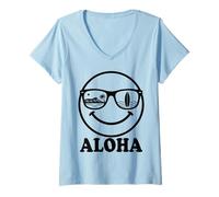 Women's Aloha Happy Face Sunglasses Hawaii Surf Beach Vacation V-Neck T-Shirt