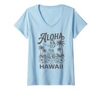 Women's Aloha Hawaii Hawaiian Dancer Palm Trees Hibiscus Waves Hula V-Neck T-Shirt