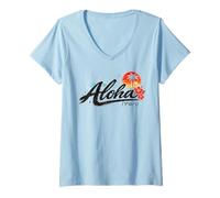Women's Aloha Hawaii Japanese Brush Script Sunset Floral Ocean Vibes V-Neck T-Shirt