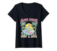 Women's Aloha Hawaii Surf and Soul Retro Tropical Surfer Art V-Neck T-Shirt