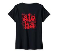 Women's Aloha Phrase Tropical Surfing Retro Typography Art Backprint V-Neck T-Shirt