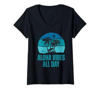 Womens Aloha Vibes Retro Surfer & Dolphin Hawaii Island Design V-Neck T-Shirt