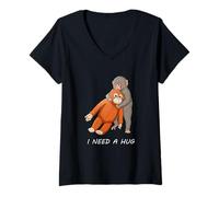 Women's Alone Baby Monkey Punch I Need A Hug Cute Design V-Neck T-Shirt