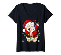 Women's Alpaca Llama Christmas Lights Fun Animal Dab Santa Xmas V-Neck T-Shirt