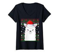 Womens Alpaca Llama Christmas Ugly Sweater Santa Hat Animal Xmas V-Neck T-Shirt