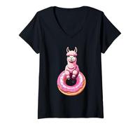 Women's Alpaca Sitting on Donut Illustration V-Neck T-Shirt