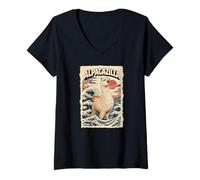 Women's Alpacazilla Giant Alpaca Kaiju Anime Japanese Hokusai Wave V-Neck T-Shirt