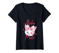 Women's Alpha Male Cat Pink Bow Cute Funny Aesthetic Gift Idea Cool V-Neck T-Shirt