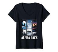 Women's Alpha Pack Moonlit Wolf Mountain Sunset Scene V-Neck T-Shirt