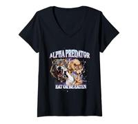 Women's Alpha Predator Eat or Eaten Vintage 90s Bootleg Wolf V-Neck T-Shirt