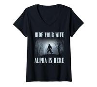 Women's Alpha Wolf Meme Hide Your Wife The Alpha is Here Sarcastic V-Neck T-Shirt