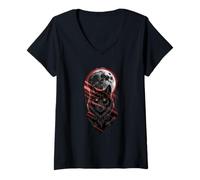 Womens Alpha Wolf Under Moon Red Eyes Night Howl V-Neck T-Shirt