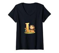 Womens Alphabet Letter L is for Lion V-Neck T-Shirt