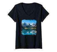 Women's Alpine Mountain Lake Reflection Scenic Landscape Graphic V-Neck T-Shirt