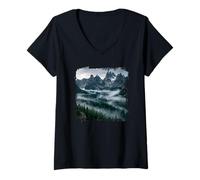 Women's Alpine Peaks Misty Forest Valley Mountain Panorama V-Neck T-Shirt