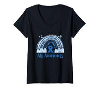 Women's ALS Awareness Blue Ribbon Rainbow Motor Neuron Disease V-Neck T-Shirt