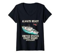 Womens Always Ready U.S. Coast Guard US Flag - USCG Aux Veteran V-Neck T-Shirt